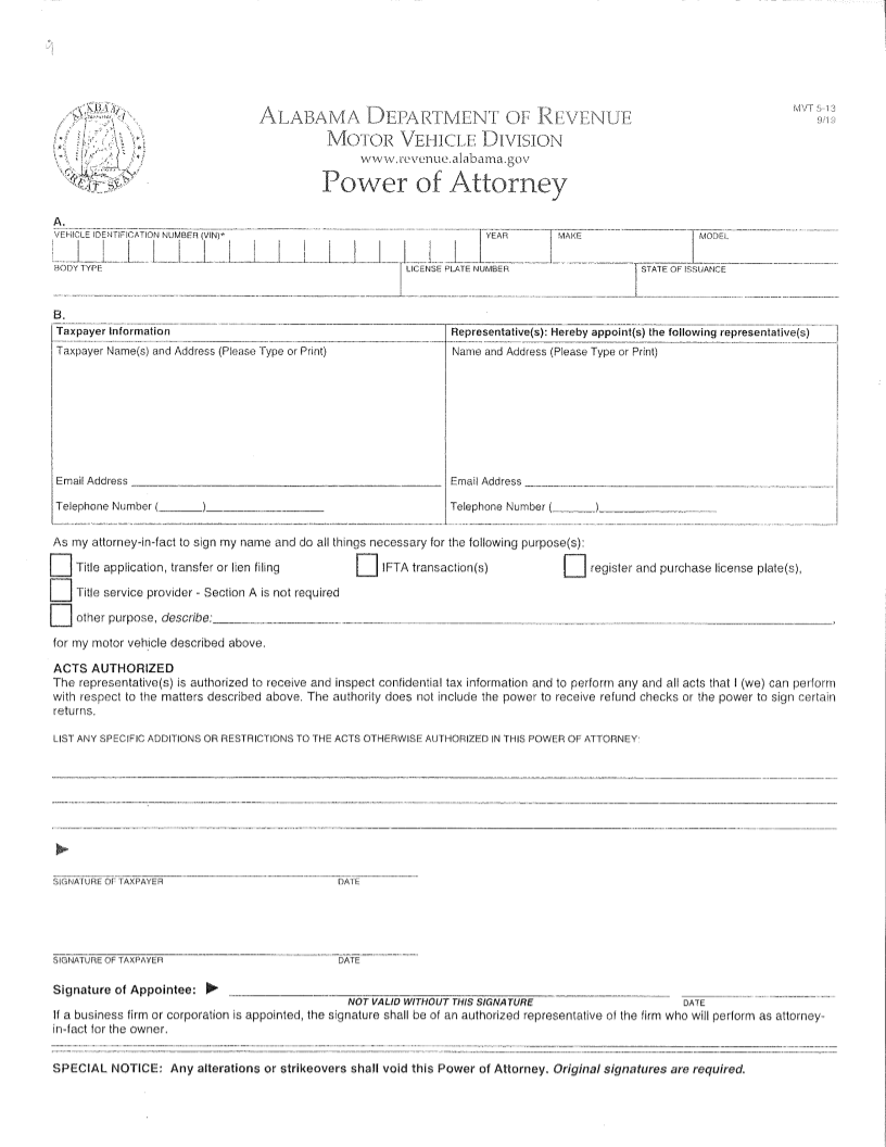 General Power of Attorney (MVT 513) Alabama Independent Auto Dealers