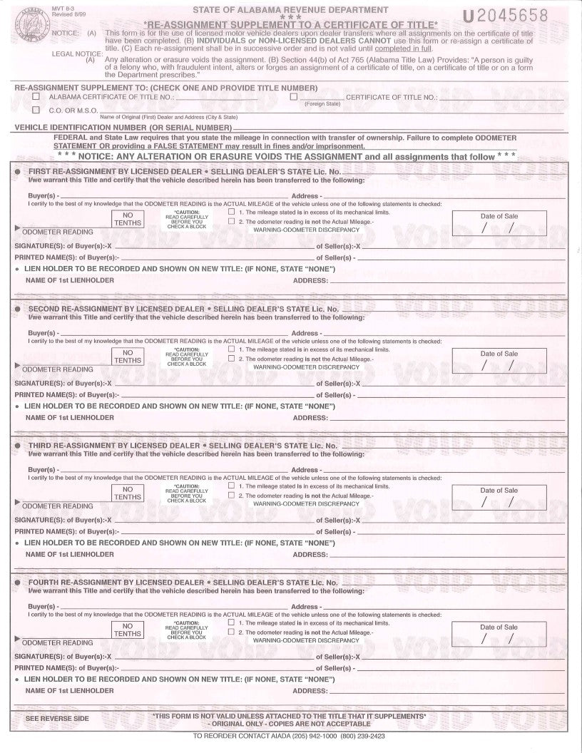 Title Supplement Reassignment Forms (MVT 8-3) – Alabama Independent ...