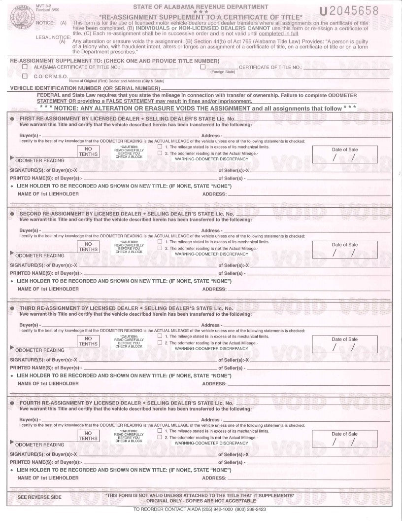 Title Supplement Reassignment Forms (MVT 8-3)