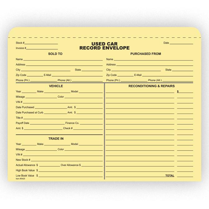 Used Car Record Envelope Sales Department Alabama Independent Auto Dealers Association Store 500 Per Box