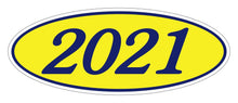 Load image into Gallery viewer, Oval Year Window Stickers Sales Department Alabama Independent Auto Dealers Association Store 2021 Navy Blue on Yellow
