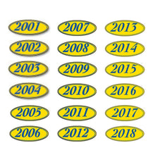 Load image into Gallery viewer, Oval Year Window Stickers Sales Department Alabama Independent Auto Dealers Association Store 2001 Navy Blue on Yellow
