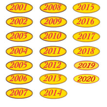 Load image into Gallery viewer, Oval Year Window Stickers Sales Department Alabama Independent Auto Dealers Association Store 2001 Red on Yellow
