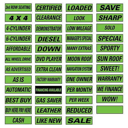 Slogan Window Stickers - Fluorescent Green and Black Sales Department Alabama Independent Auto Dealers Association Store