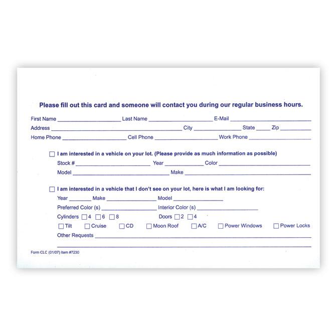 Customer Lead Cards Sales Department Alabama Independent Auto Dealers Association Store
