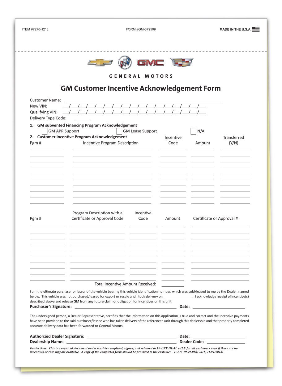 GM Customer Incentive & OnStar Acknowledgement Office Forms Alabama Independent Auto Dealers Association Store