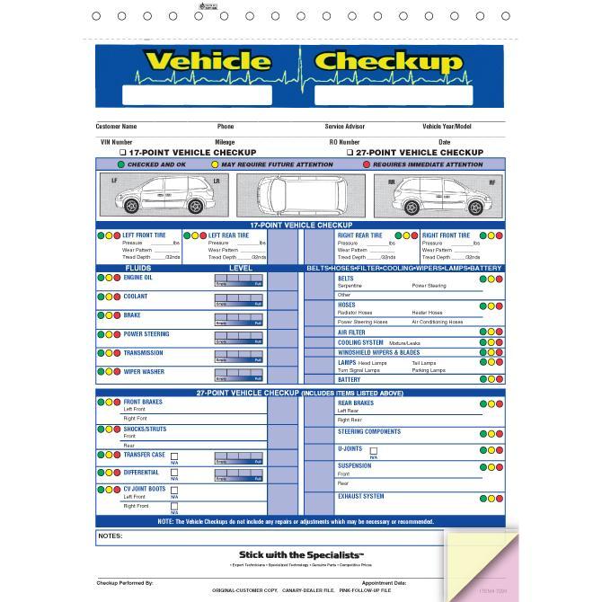 Generic Multi-Point Inspection Forms - Vehicle Checkup Service Department Alabama Independent Auto Dealers Association Store