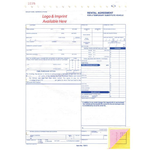 Imprinted Rental Agreement Service Department Alabama Independent Auto Dealers Association Store (Form #RAC)