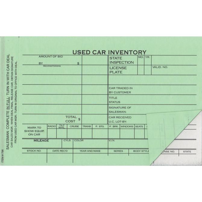 Used Car Inventory Card Office Forms Alabama Independent Auto Dealers Association Store