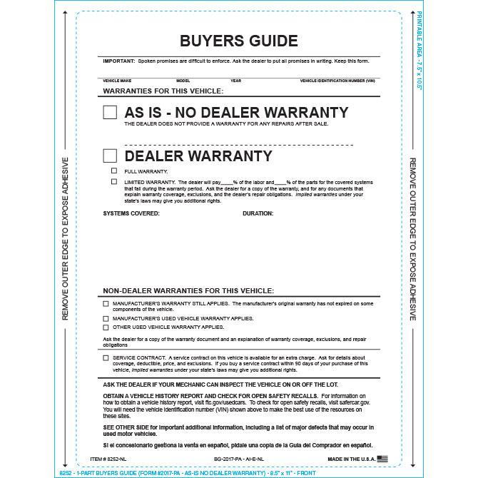 PEEL n SEAL™ 1-Part Buyers Guide - As Is - No Lines Sales Department Alabama Independent Auto Dealers Association Store