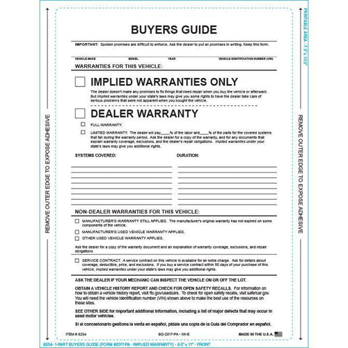 PEEL n SEAL™ 1-Part Buyers Guide - Implied Warranty Sales Department Alabama Independent Auto Dealers Association Store