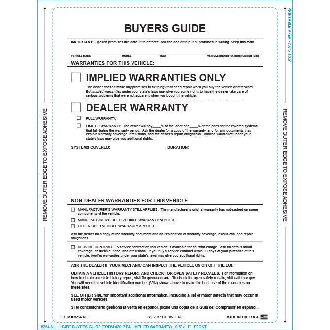 PEEL n SEAL™ 1-Part Buyers Guide - Implied Warranty - No Lines Sales Department Alabama Independent Auto Dealers Association Store