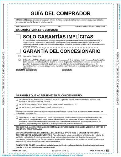PEEL n SEAL™ 1-Part Buyers Guide - Implied Warranty - No Lines (Spanish) Sales Department Alabama Independent Auto Dealers Association Store