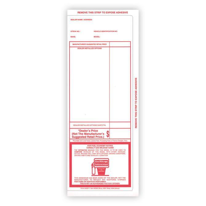 Pre-Printed Addendum Stickers (Self-Adhesive) Sales Department Alabama Independent Auto Dealers Association Store Red