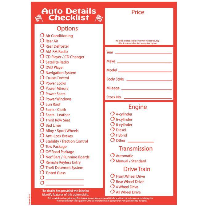 PEEL n SEAL™ Stock Laser Window Stickers - Red Checklist Sales Department Alabama Independent Auto Dealers Association Store