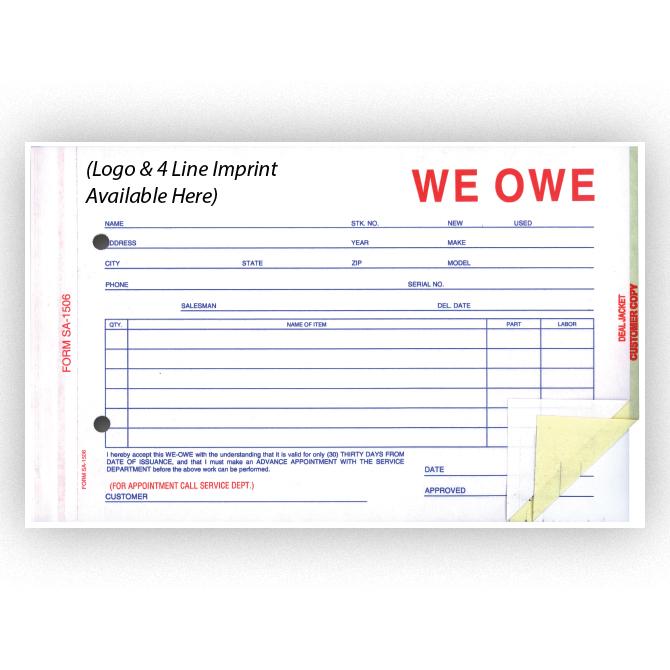 Imprinted We Owe Form Sales Department Alabama Independent Auto Dealers Association Store 3-Part