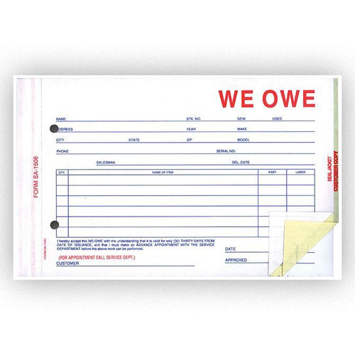 We Owe Form (3-Part) Sales Department Alabama Independent Auto Dealers Association Store